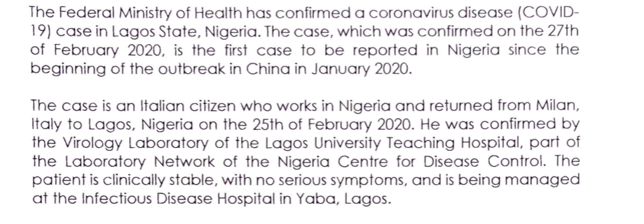 Coronavirus Nigerian Minister of Health press release