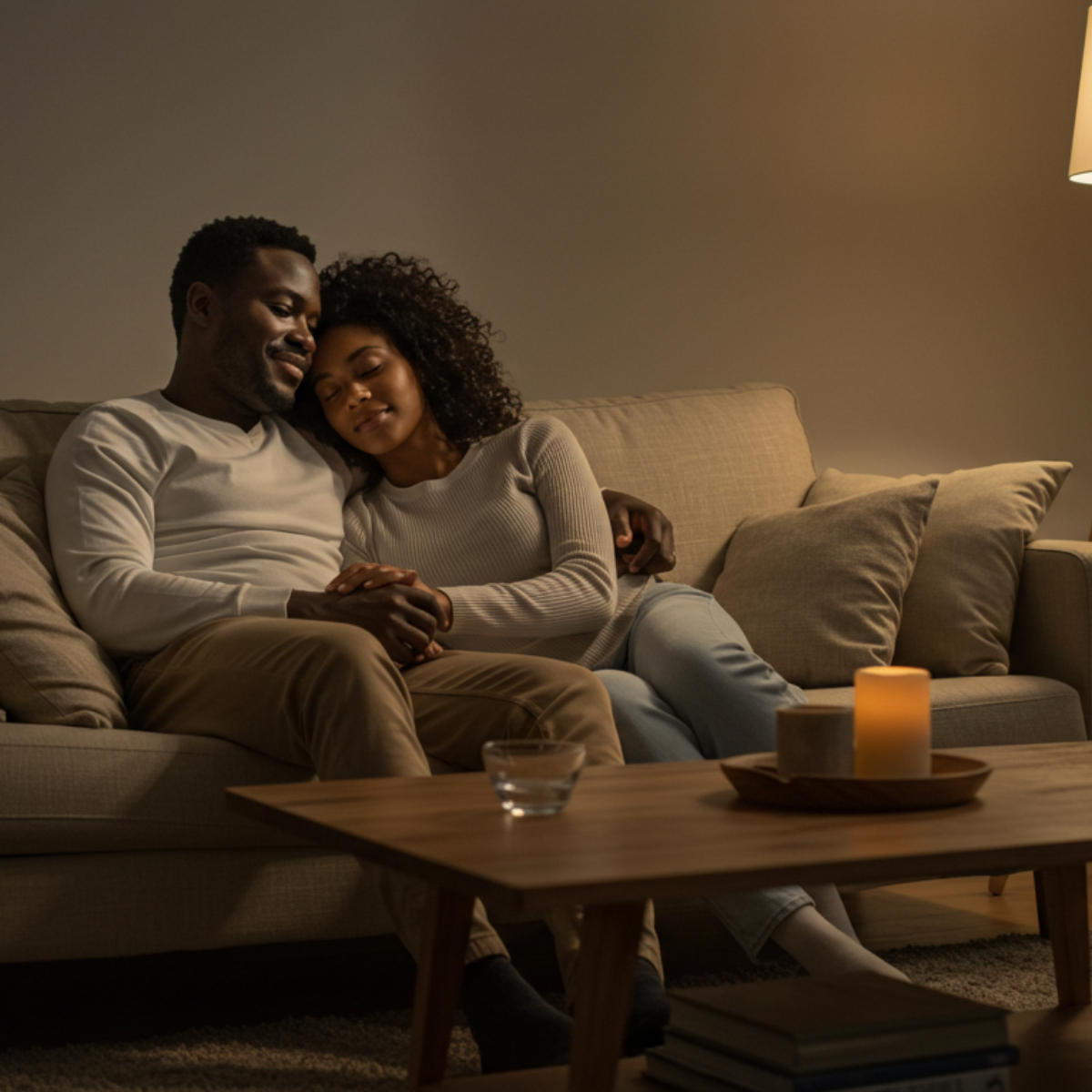 A black couple cuddling in a warmly lit room getting to know each other