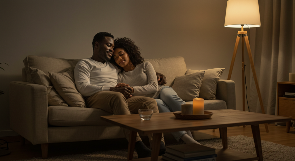 A black couple sitting closely together in a room with warm lighting while she asks his questions that bring them closer.