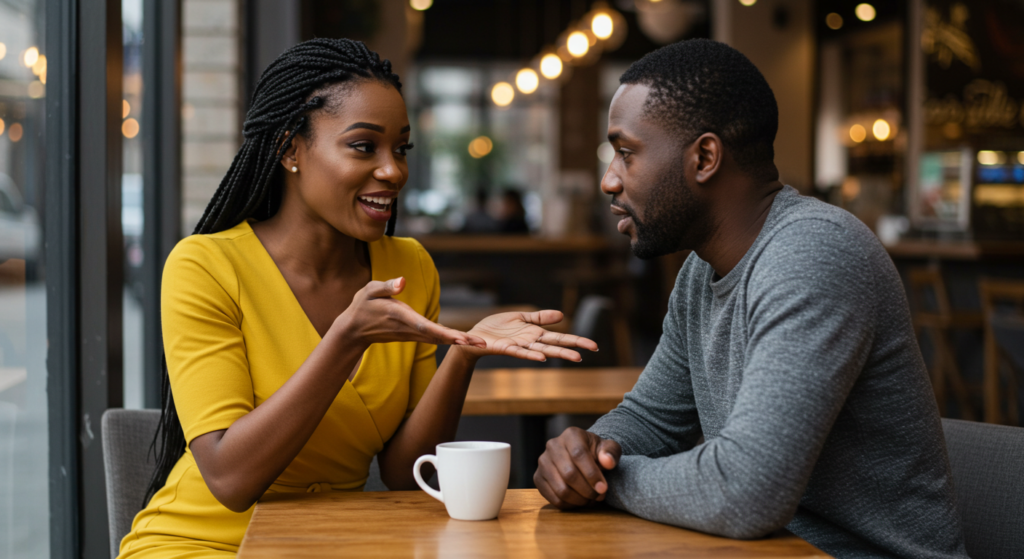  A black woman in a yellow dress talking to her boyfriend over a cup of coffee