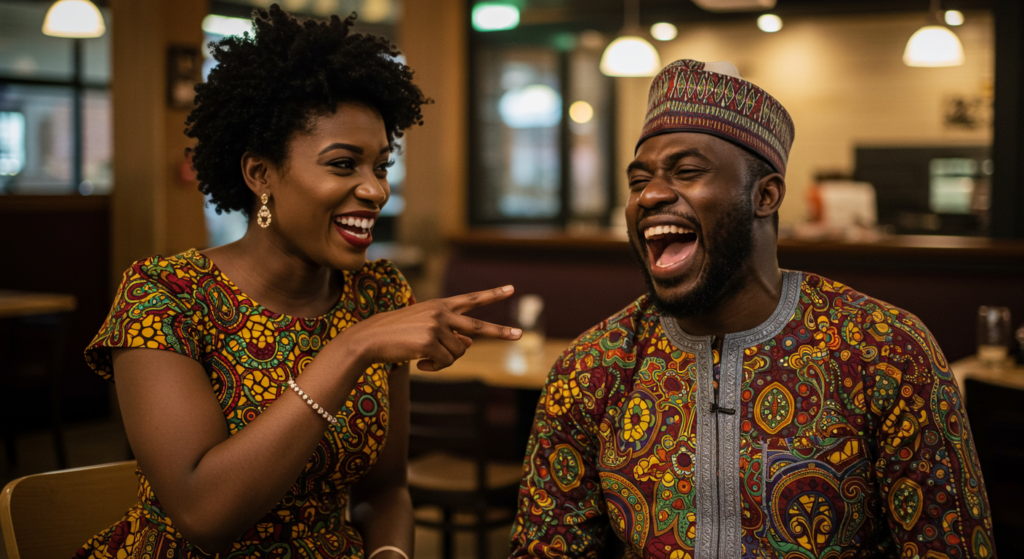  couple in native attire laughing as she asks her boyfriend funny questions.