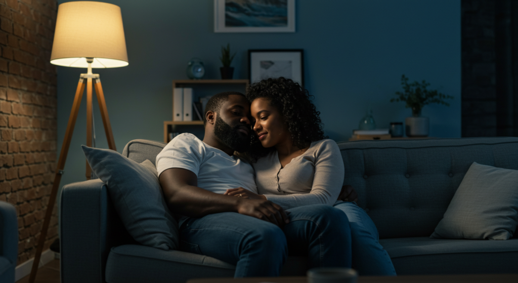 A black couple cuddles in a dimly lit room as she asks her boyfriend questions that test his love.