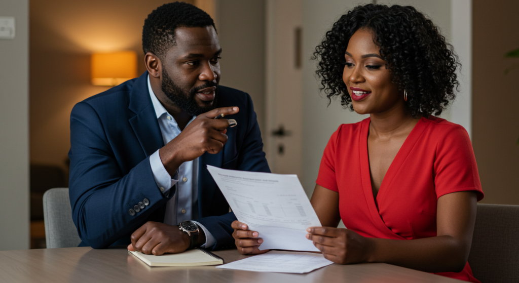 A black woman talking to her boyfriend about money.