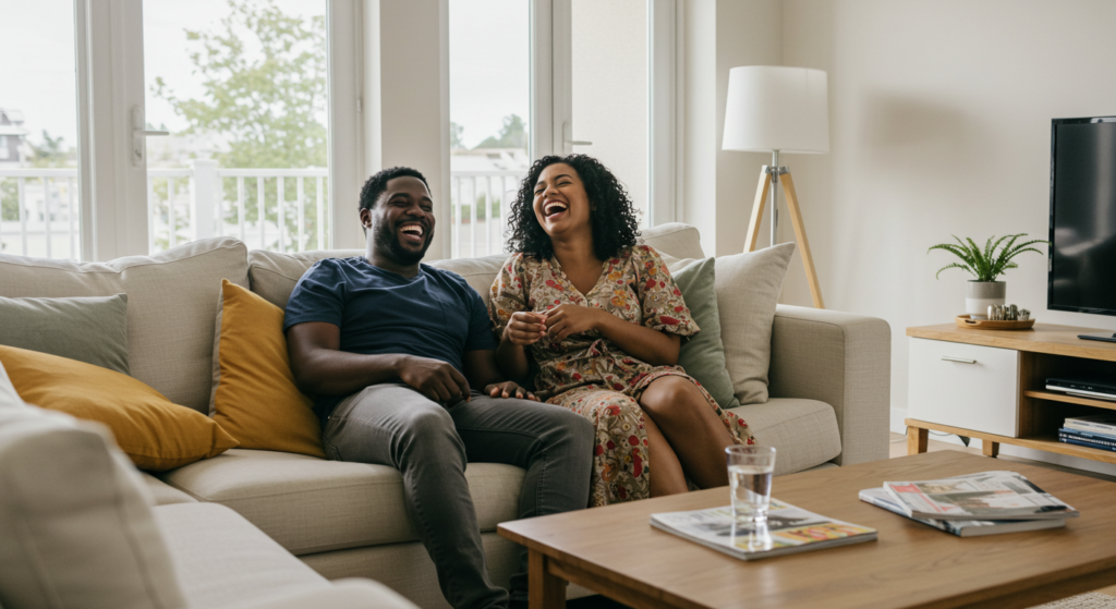 A black couple laughing together in a brightly lit living room as they get to know each other.