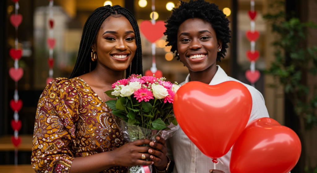 A Nigerian queer woman and her partner holding flowers and balloons. How To Ask A Girl To Be Your Girlfriend