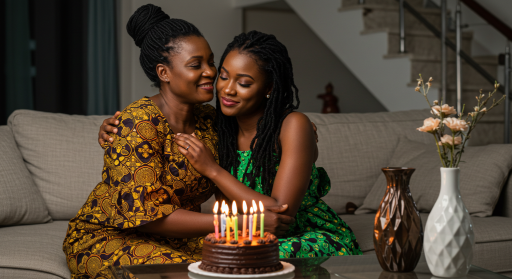 Daughter sharing birthday wishes for mum as they hug