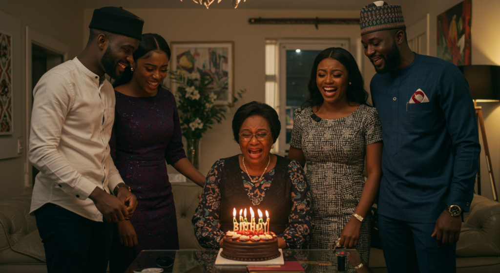 Mother shedding happy tears as children share birthday wishes for mum