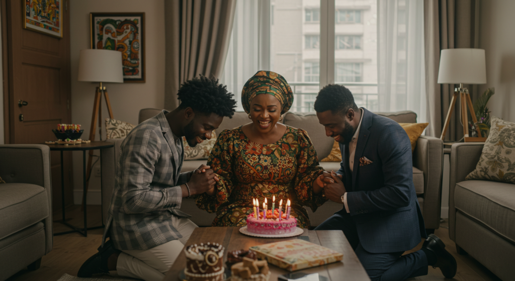 Mother receiving birthday prayers from children