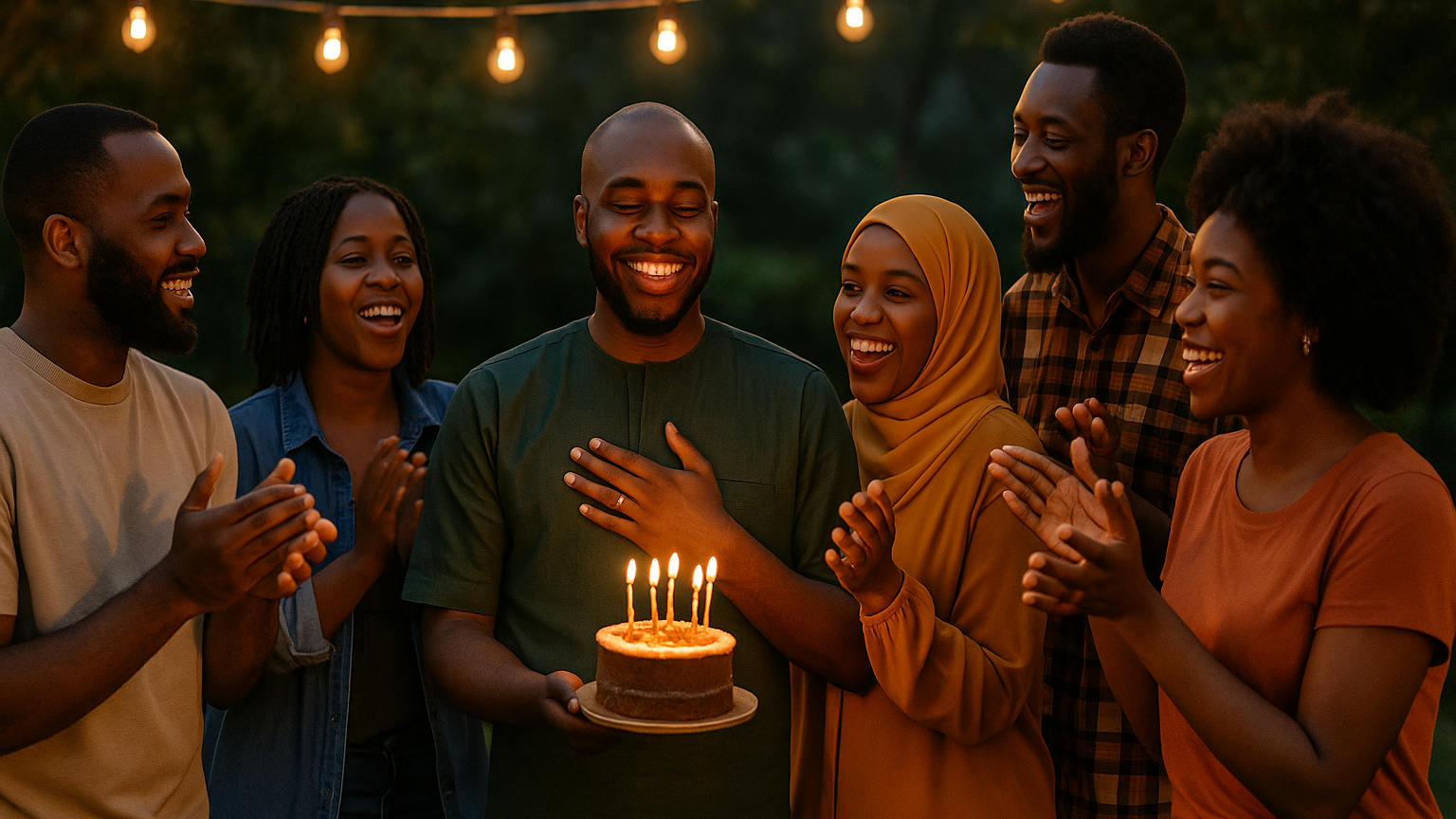 Man thanking his friends for surprise birthday party