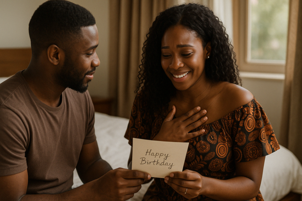 girlfriend looking touched by birthday wish from her boyfriend