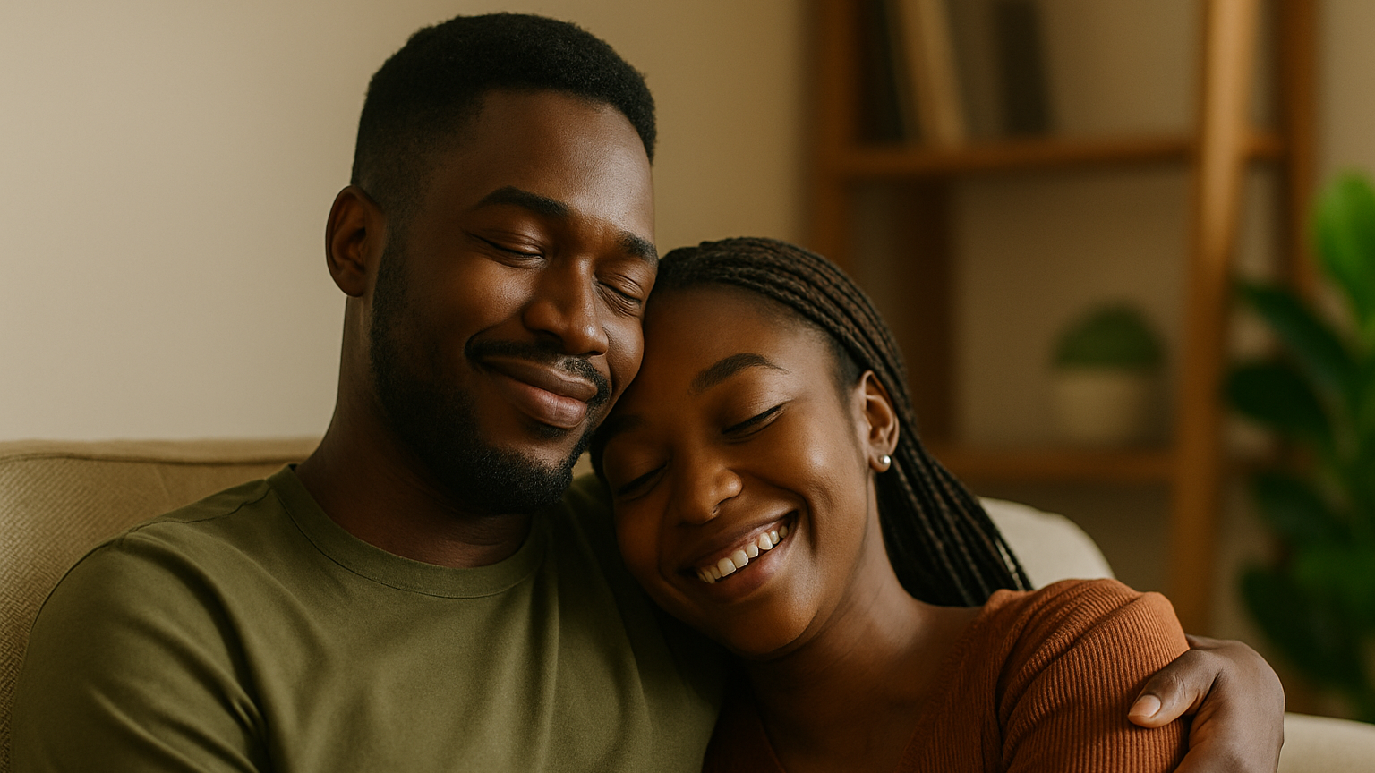 Couple embracing after reading each other's appreciation message