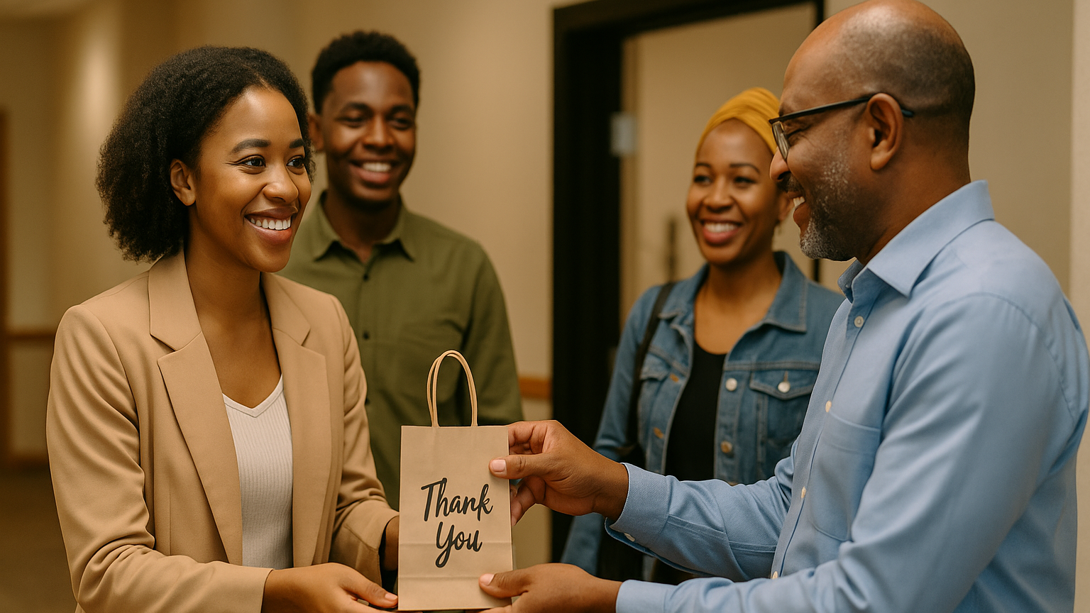 Woman giving thank you package to man