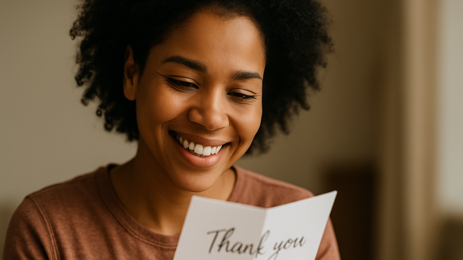 Woman reading an appreciation message on a thank you card.