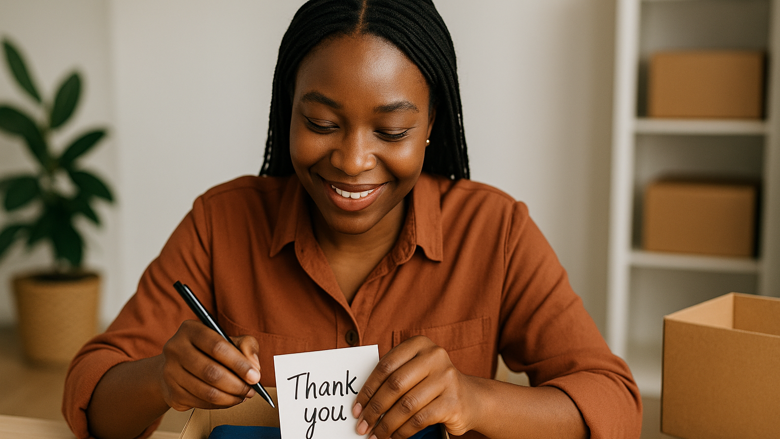 Woman adding appreciation message to client delivery