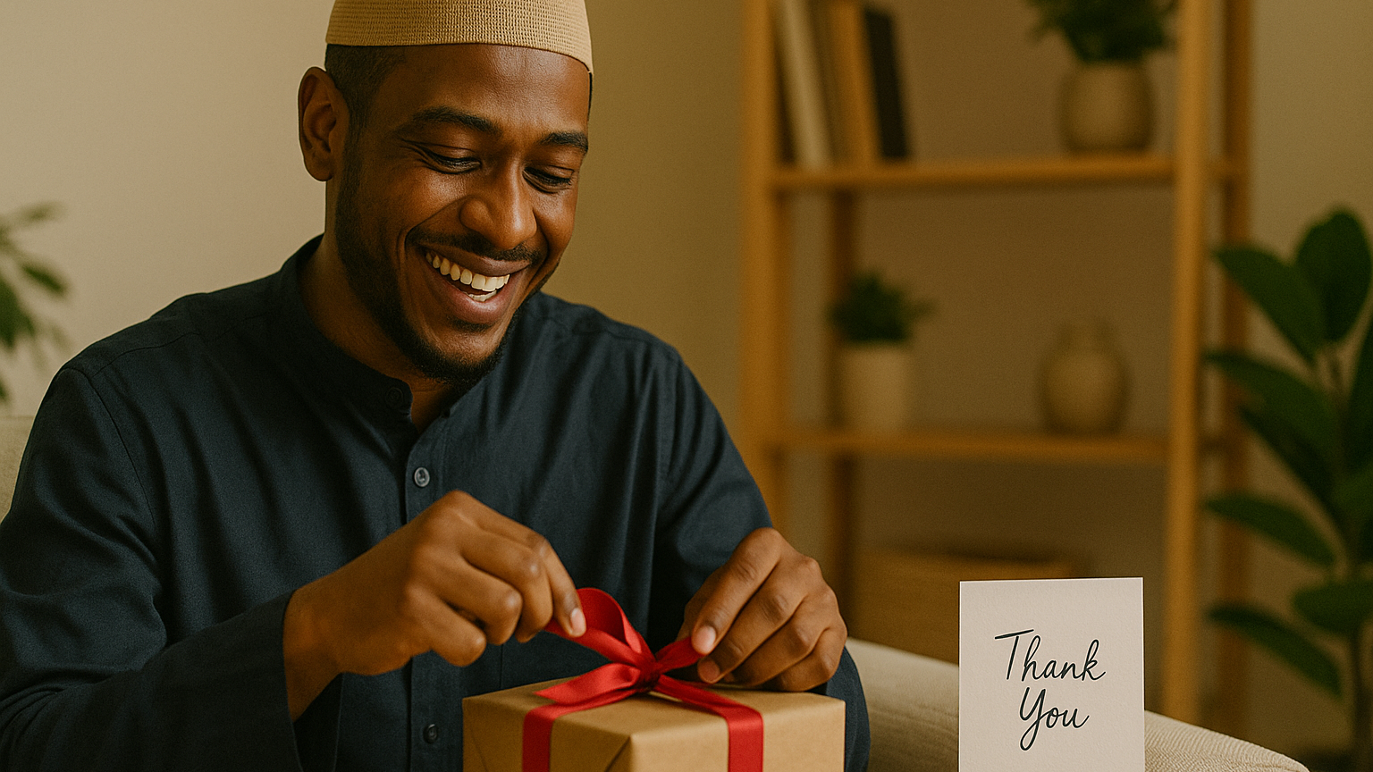 Man unwrapping a gift with a thank you message