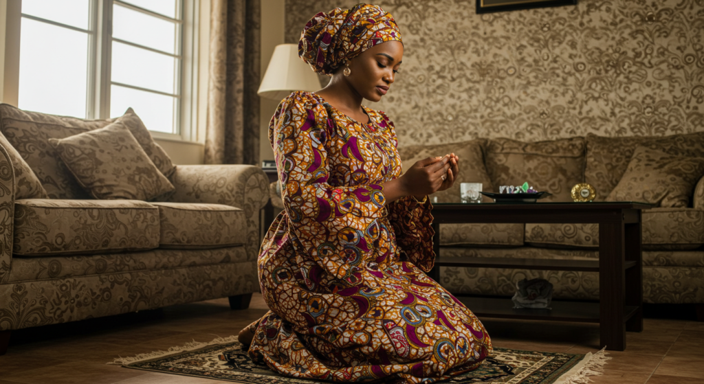 Woman in her living room praying a birthday prayer