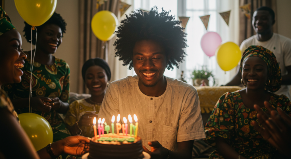 Friends celebrating in living room with birthday prayers and blessings