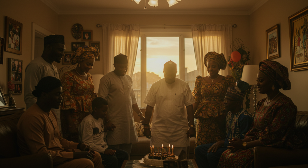 Family Members in sitting room saying birthday blessings