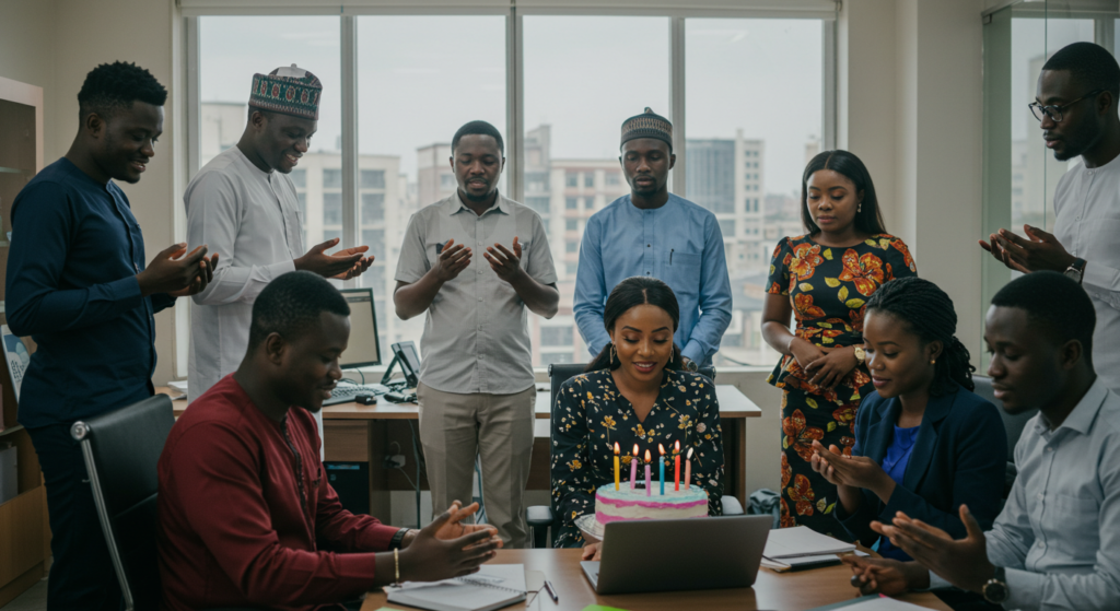 Birthday prayers in a professional setting with colleagues.