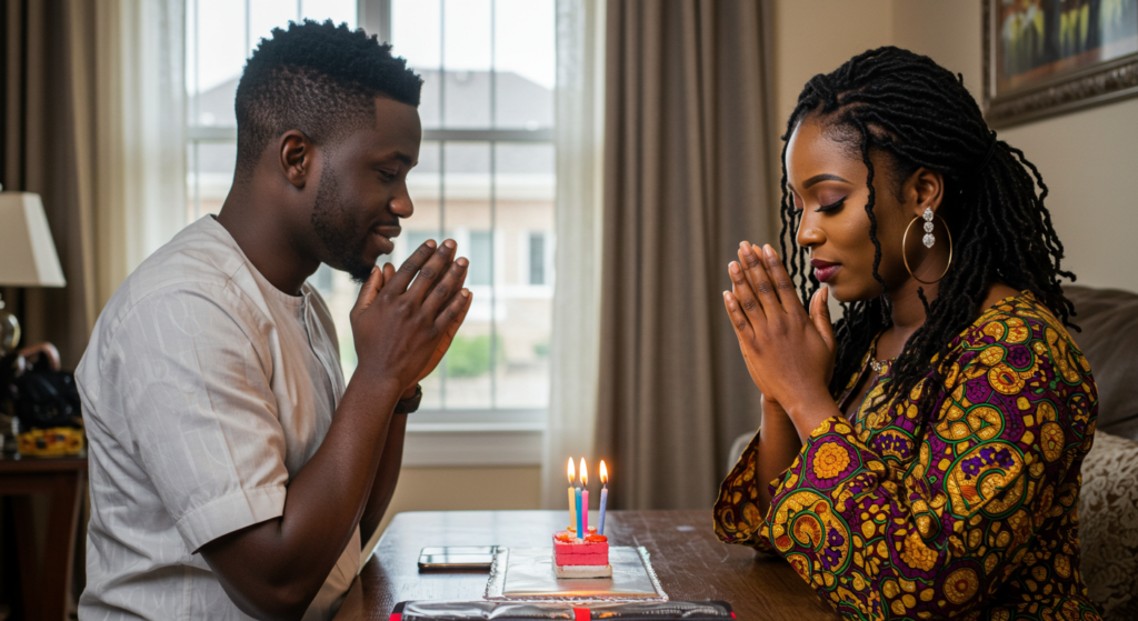 Partners saying a birthday prayer in their living room
