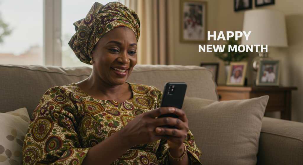 A middle aged Nigerian woman smiling at happy new month messages on her phone