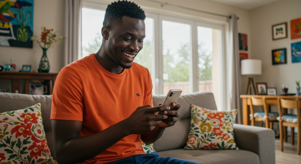 A young Nigerian man smiling at happy new month messages on his phone