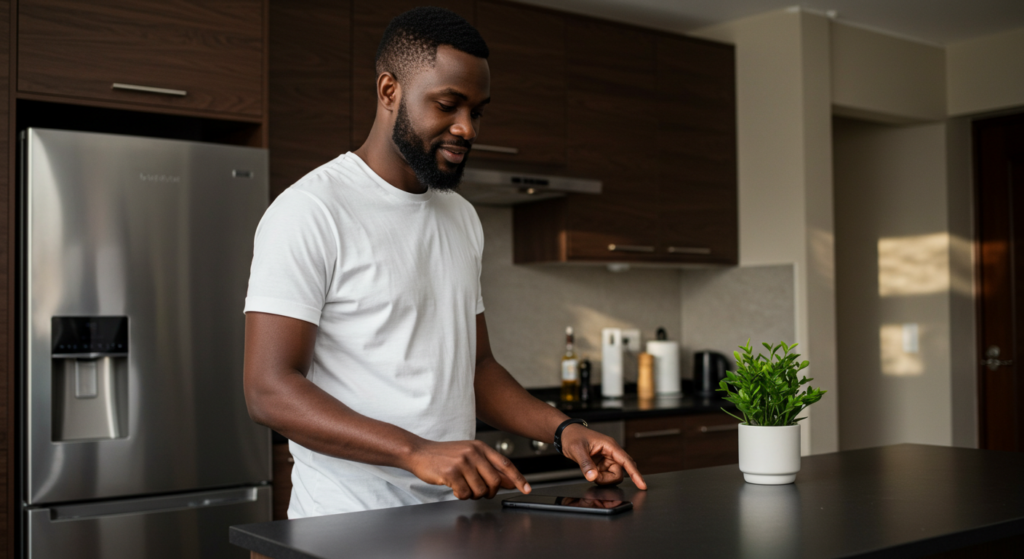 A young Nigerian man in his kitchen about to pick up his phone-happy new month messages