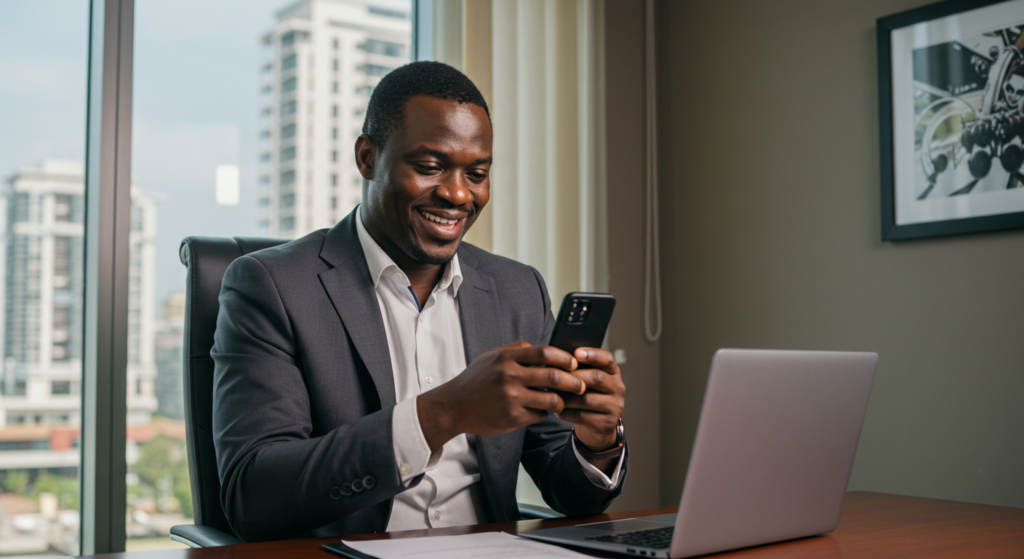 A middle aged Nigerian man holding a phone inside his office-happy new month messages