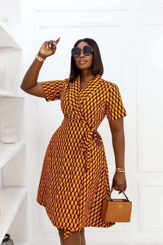 Lady Wearing A-line Short-Sleeved Wrap Dress