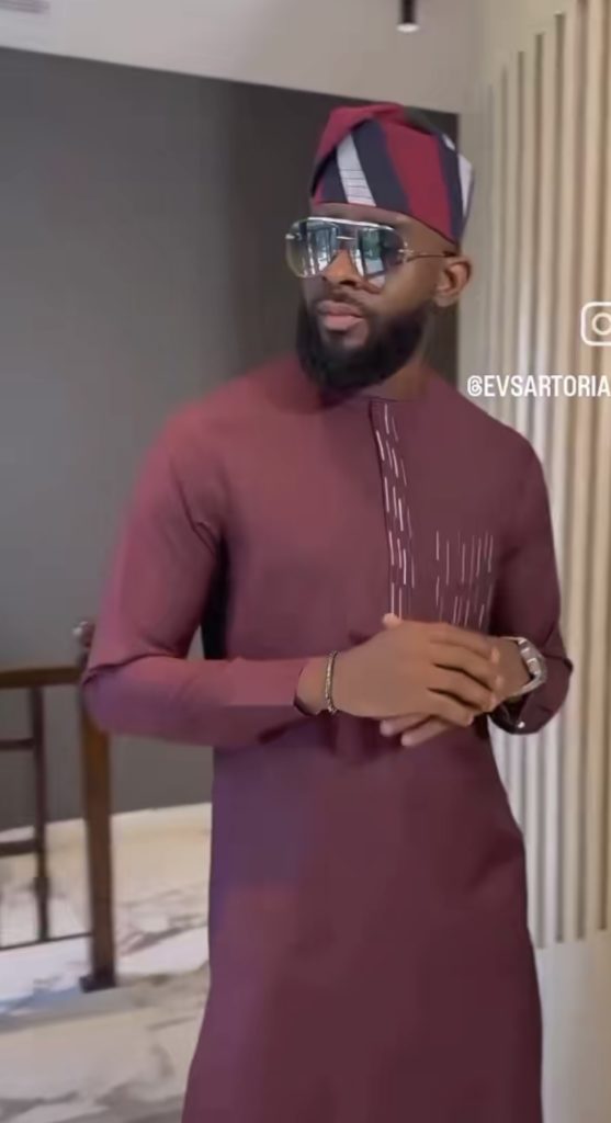 Man Wearing Wine Pinstripe Senator Design