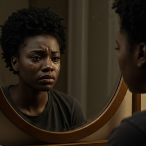 woman looking in the mirror in tears because her mother made her hate her body