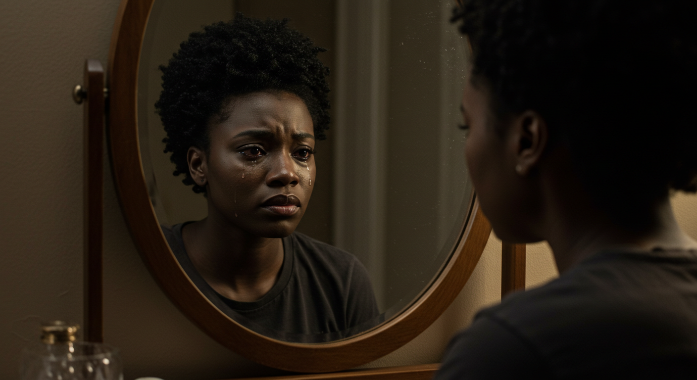 woman looking in the mirror in tears because her mother made her hate her body
