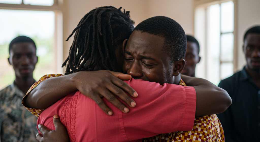 Two Nigerians comforting each other with a hug, after the loss of a loved one 