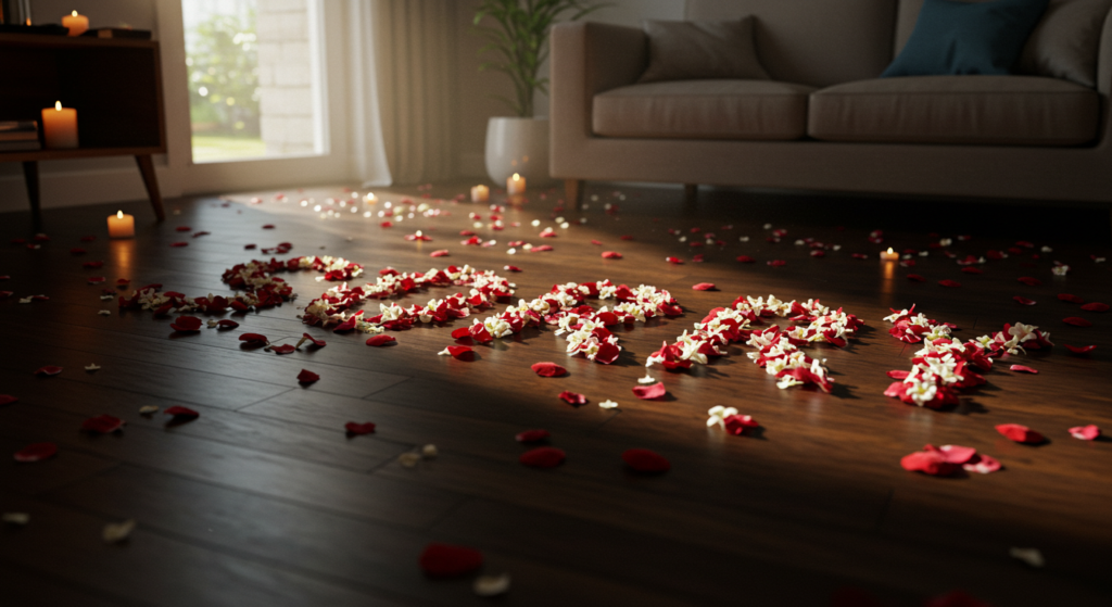 Romantic apology message with flower petals
