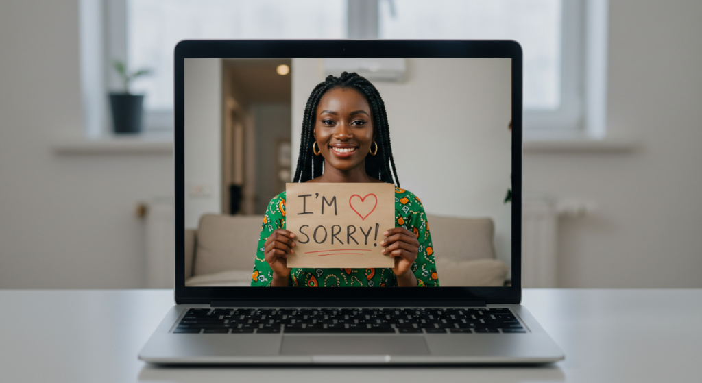 Woman apologising over video call