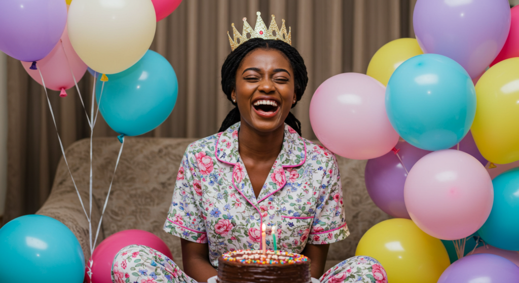 Woman smiling with a cake with birthday wishes for herself