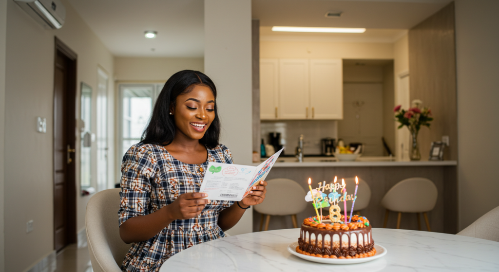 Woman reading card she got herself with "birthday wishes for myself"