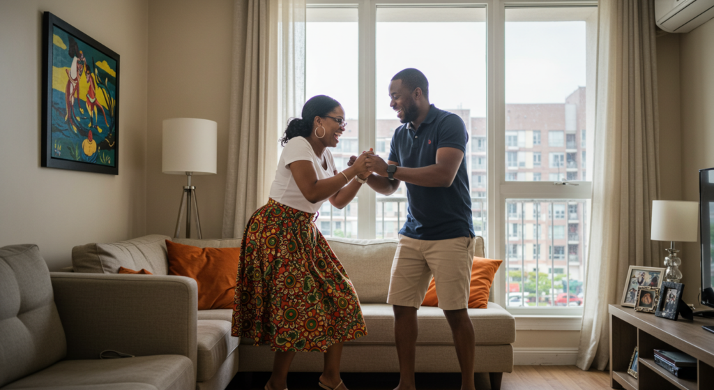 A Nigerian man in living room as he playfully uses sweet names to call his girlfriend.