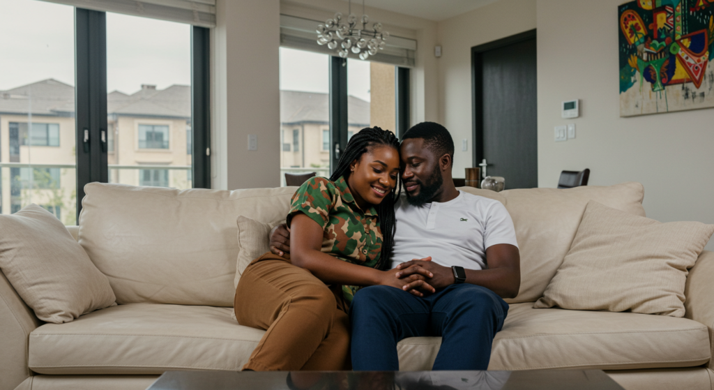 A Nigerian couple in their living room as the man quietly uses sweet names to call his girlfriend.
