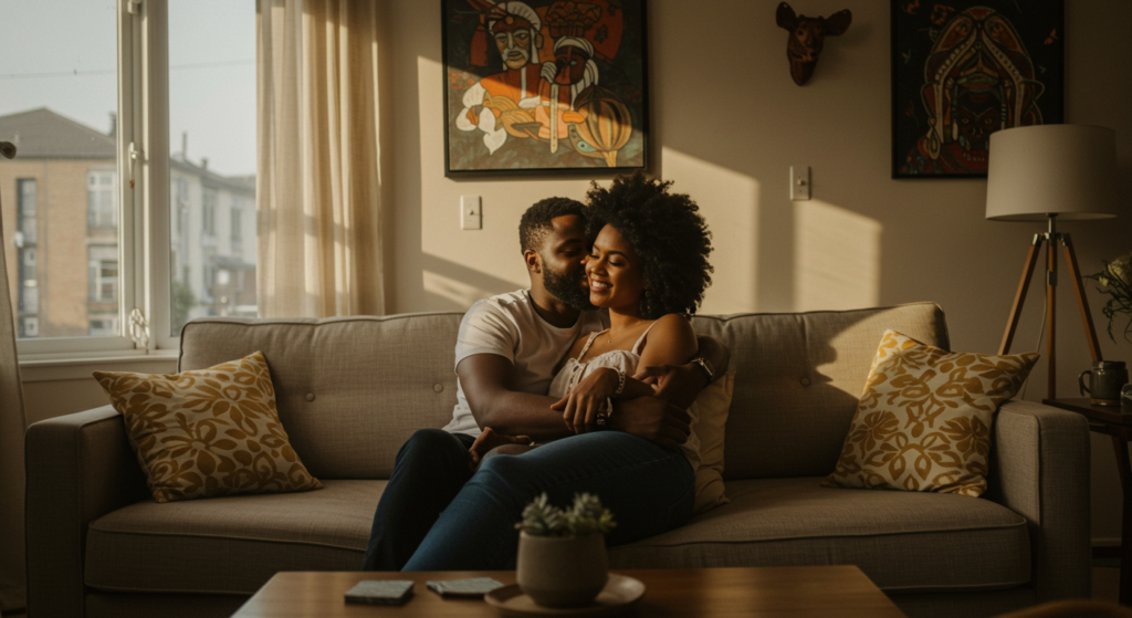 A Nigerian man playfully whispers sweet names to call his girlfriend