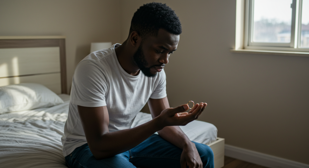 A Nigerian man staring at his wedding band after receiving condolence messages for loss of a partner 