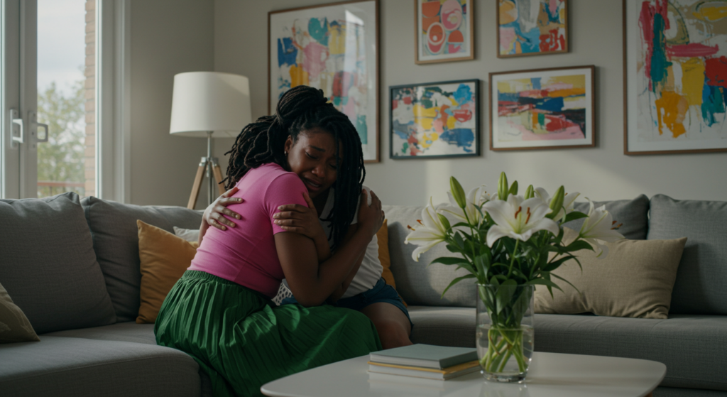 Friends embracing and offering condolence message for the loss of a sibling 