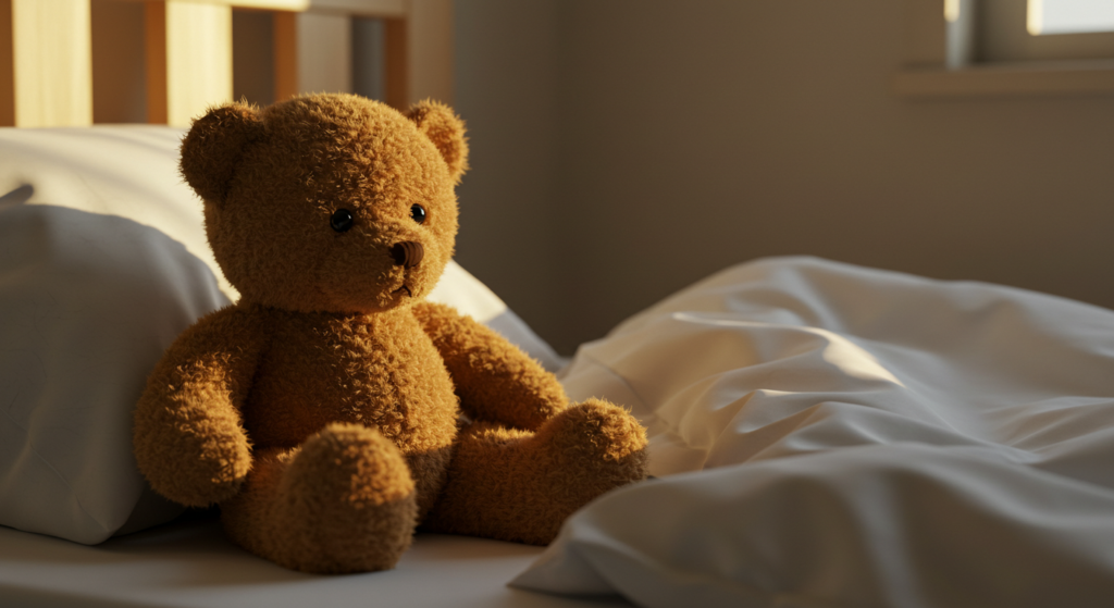 Empty child's bed with a teddy, signifying the loss of a child 