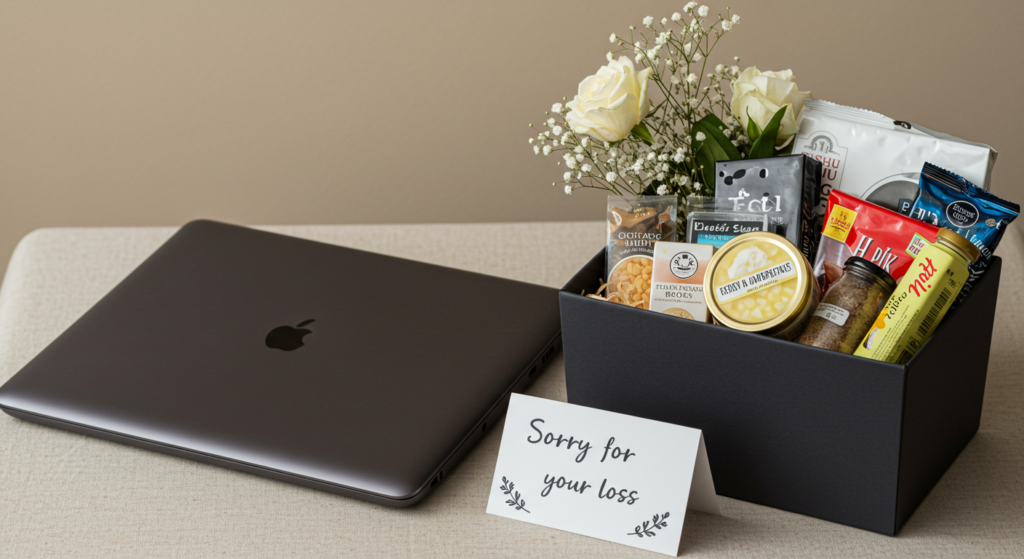 Laptop with condolence package and card in a professional setting 