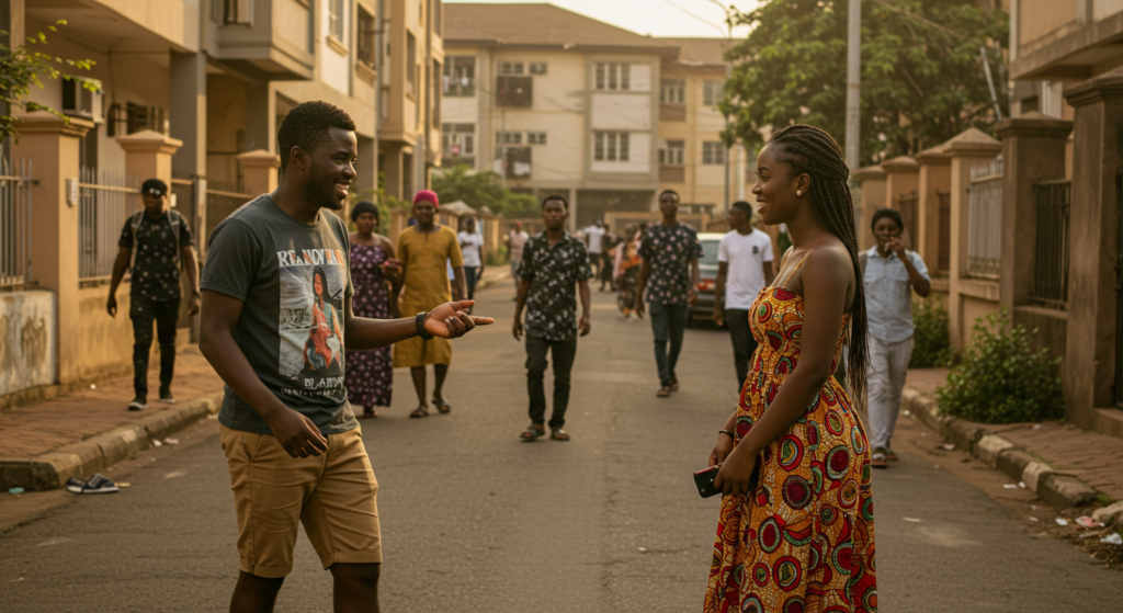 A Nigerian guy testing pick up lines for girls with a lady on the street.