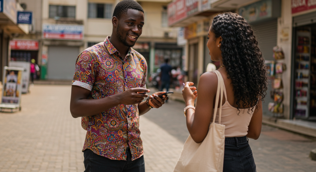 A young Naija guy testing pick up lines for girls with a lady at a shopping complex.