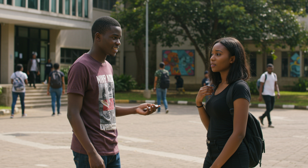 A Nigerian undergrad student testing pick up lines for girls with a female student on campus.