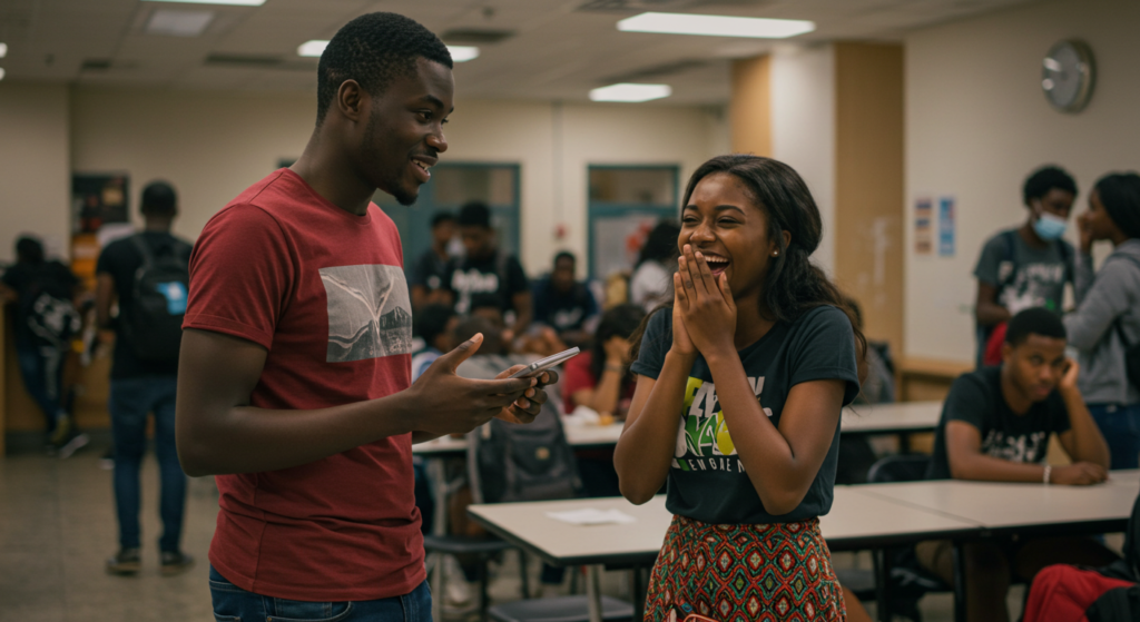 A Nigerian guy testing pick up lines for girls with a female course mate in class.