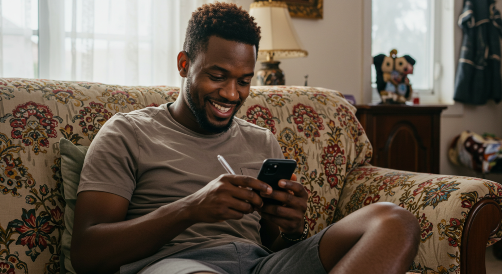 A Nigerian guy smiling at his phone as he reads a romantic good morning message for him