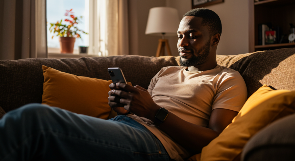 A Nigerian guy in his living room composing romantic good morning messages
